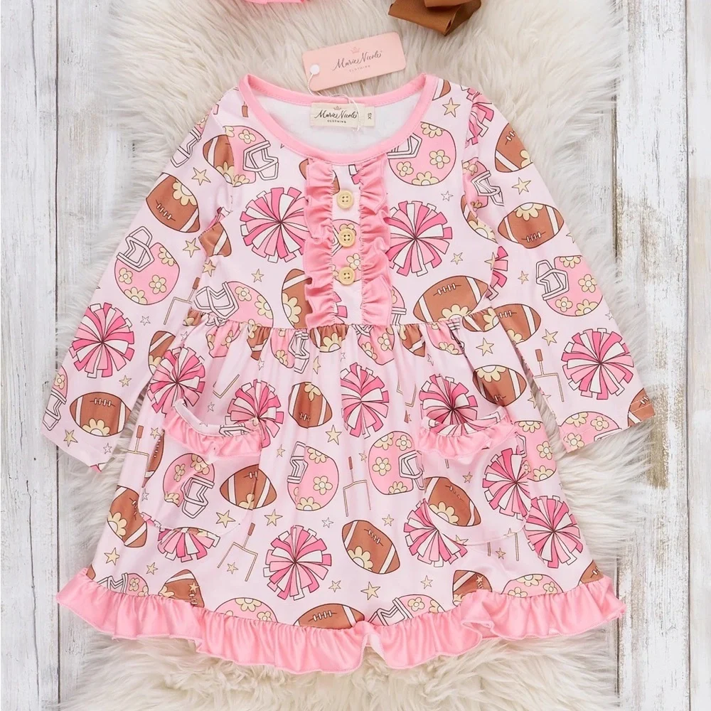 NWT Marie Nicole Girls Size 5 Pink Patterned Football Cheer Long Sleeve Dress